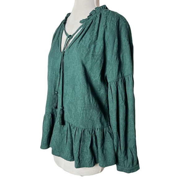Umgee | Green Boho Peasant Textured Cotton Tassel Tie Top, Small - Picture 5 of 10